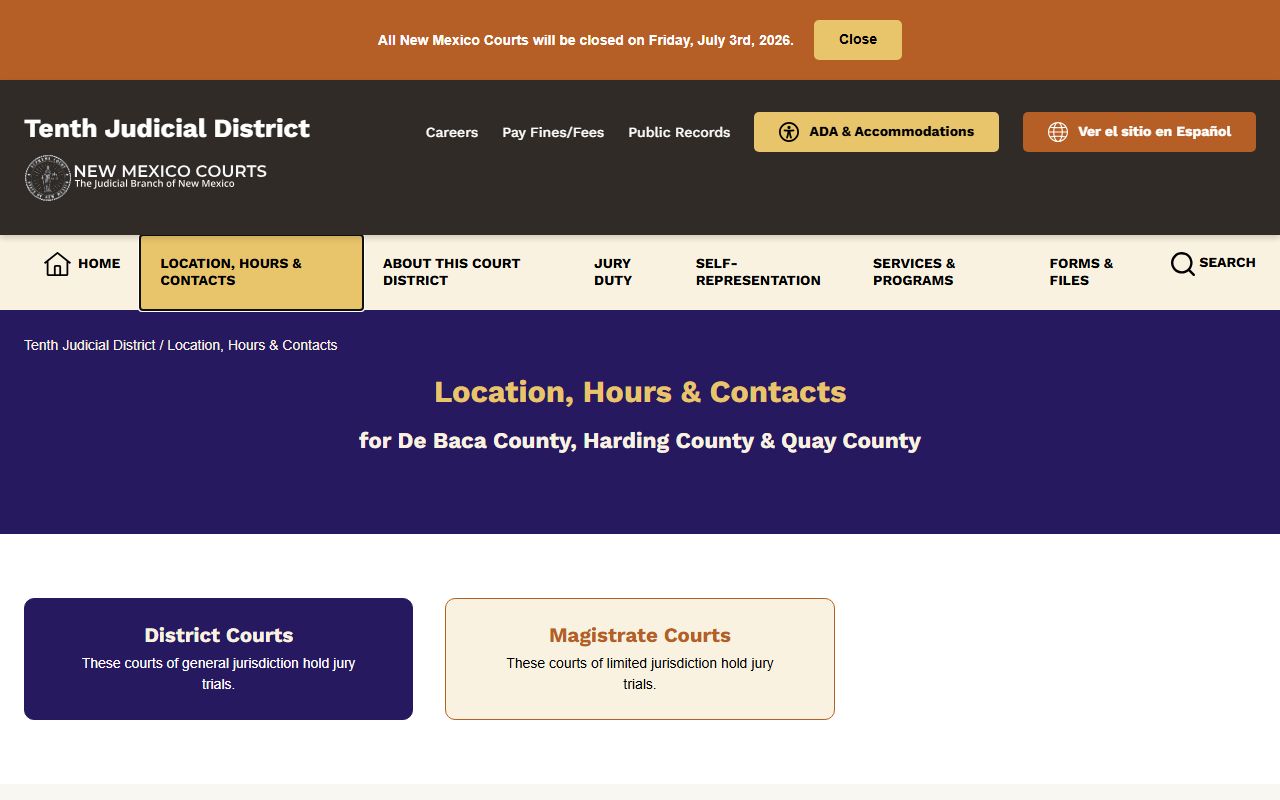 De Baca County court records contact page for District and Magistrate Court