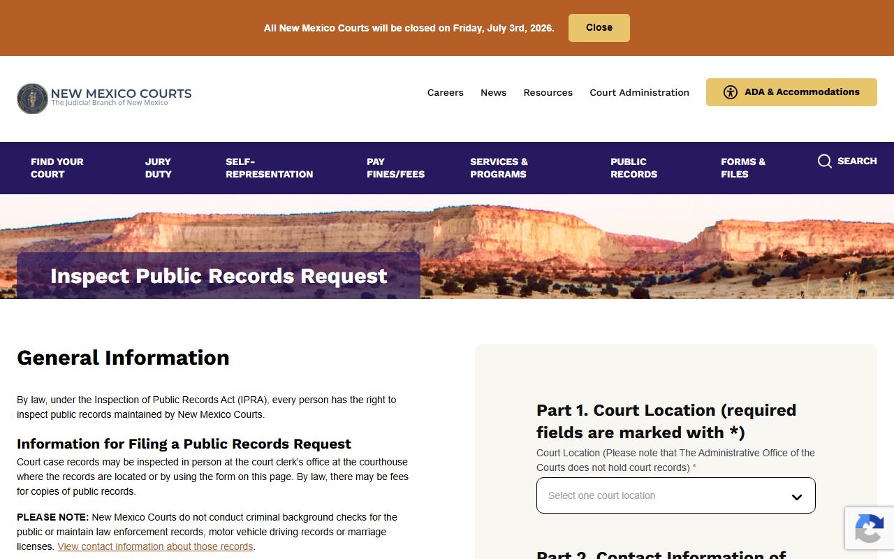 New Mexico Courts IPRA portal for De Baca County booking photo and court record requests